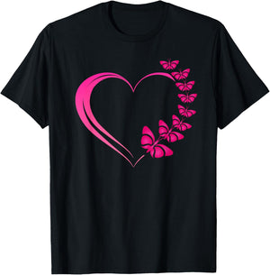 Hot Pink Heart with Pink Butterflies and Girls T-Shirt - T-Shirt | Black