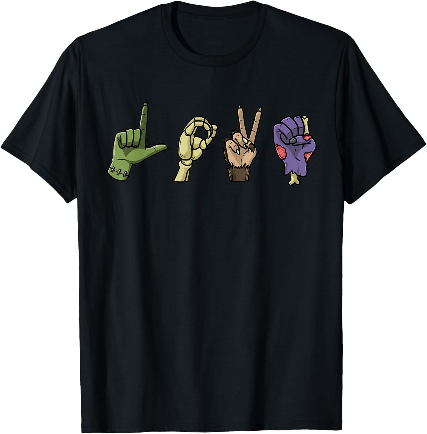 Halloween ASL LOVE Hand Sign Monsters Scary Creatures T-Shirt - T-Shirt | Black