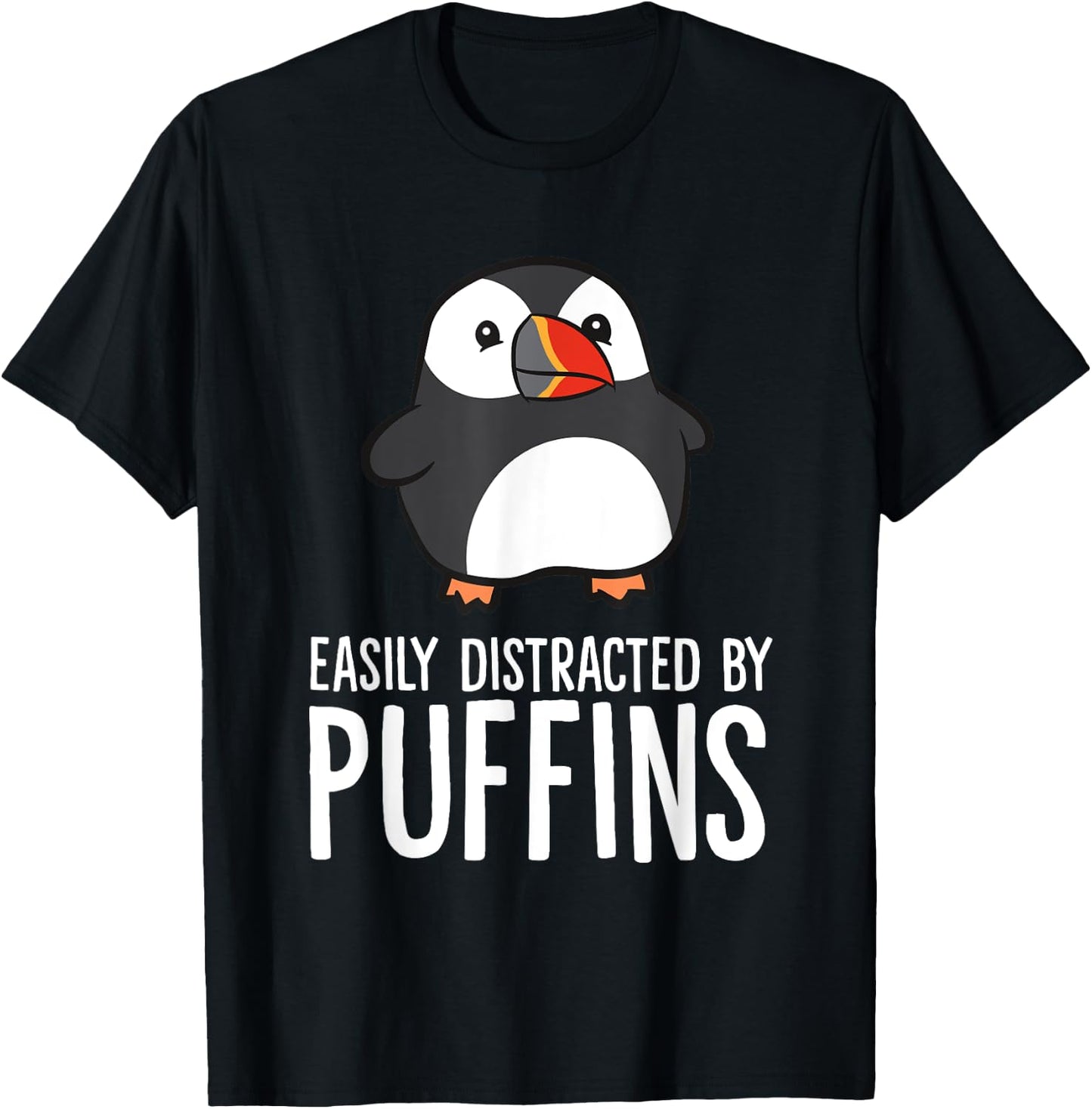 Funny Puffin Bird Gifts Easily Distracted By Puffin Sea Birds Cute Puffin Lover Gift -Adults-Kids Black Short Sleeve Classic Fit Pull On Collarless Casual All Seasons 1 Count T-Shirt - T-Shirt | Black