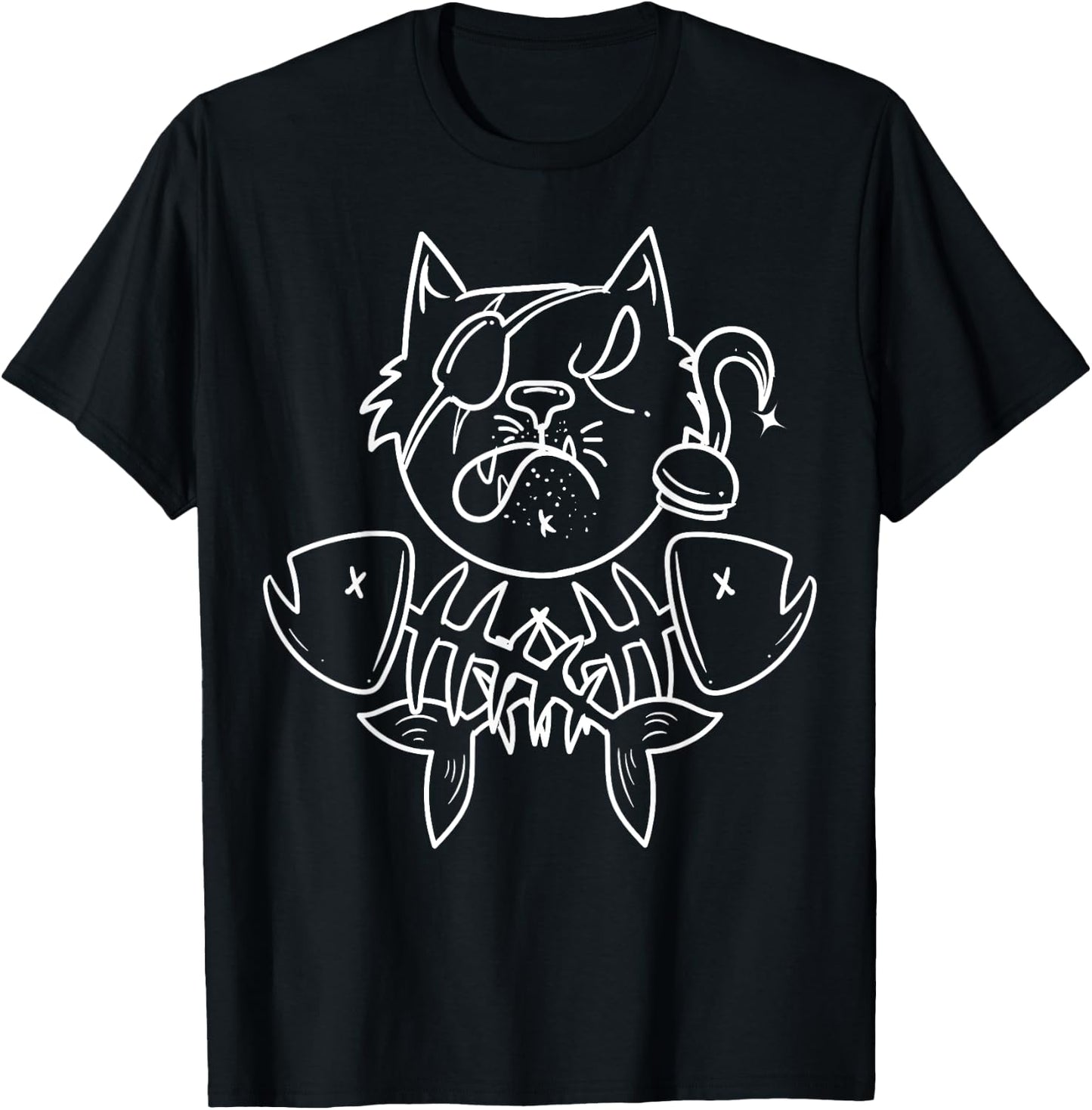 Funny Pirate Fish Cat Crossbone Halloween Jolly Roger T-Shirt - T-Shirt | Black