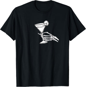 Skull Hand and Martini Glass Cool Skull Rose Goth Gothic T-Shirt - T-Shirt | Black