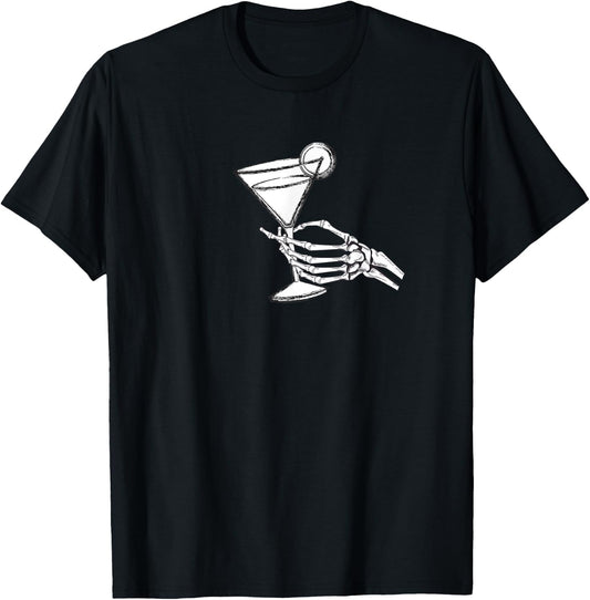 Skull Hand and Martini Glass Cool Skull Rose Goth Gothic T-Shirt - T-Shirt | Black