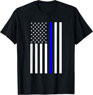 Black and White American Flag Blue Stripe Police T-Shirt - T-Shirt | Black