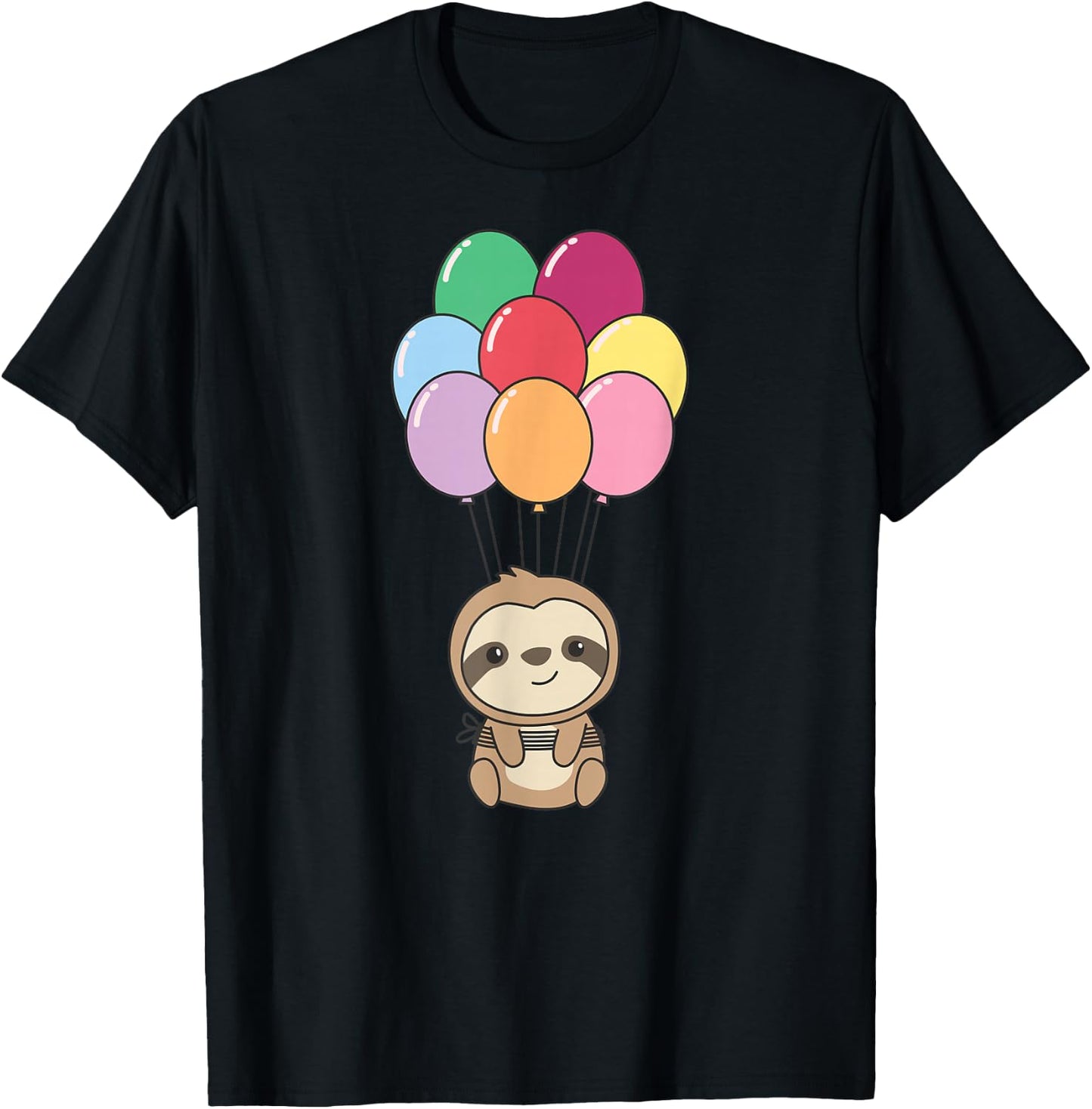 Sloth Flies Up with Colorful Balloons Kawaii Sloths T-Shirt - T-Shirt | Black