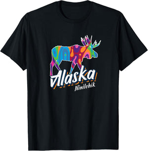 Ninilchik Alaska USA Colorful Moose Art Vacation Souvenir T-Shirt - T-Shirt | Black