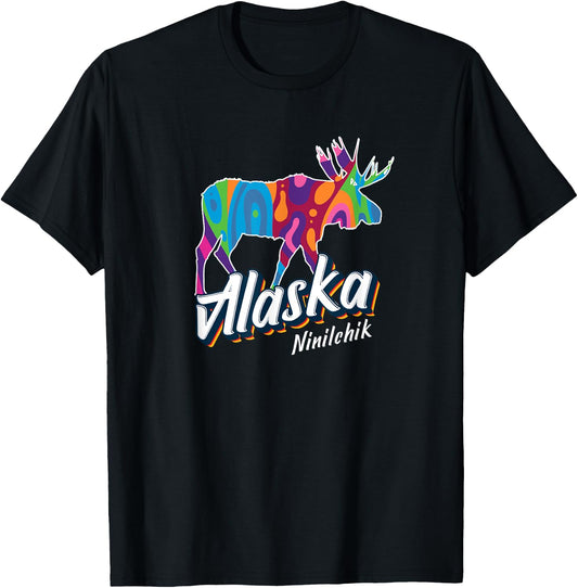 Ninilchik Alaska USA Colorful Moose Art Vacation Souvenir T-Shirt - T-Shirt | Black