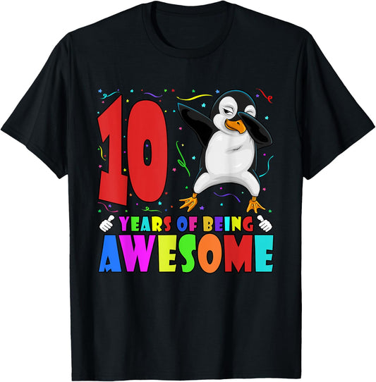 10th Birthday Party Dabbing Penguin 10 Years Old Girls Boys T-Shirt - T-Shirt | Black