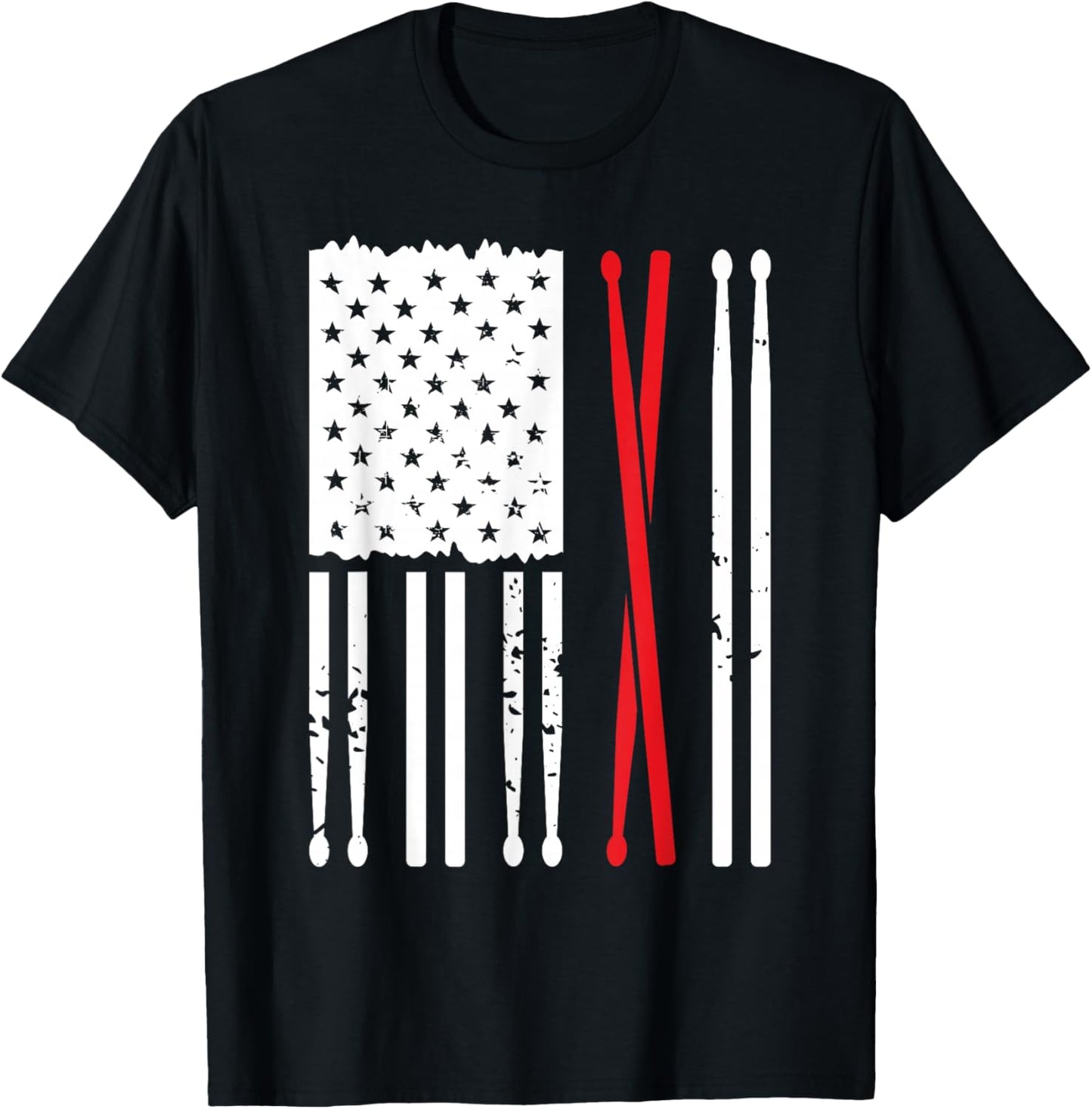Vintage Drum Sticks American Flag Funny Drummer Gift T-Shirt - T-Shirt | Black