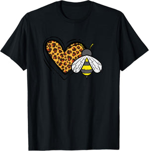 Leopard Print Heart Bee Cute Love Bumblebee Men Women Kids T-Shirt - T-Shirt | Black