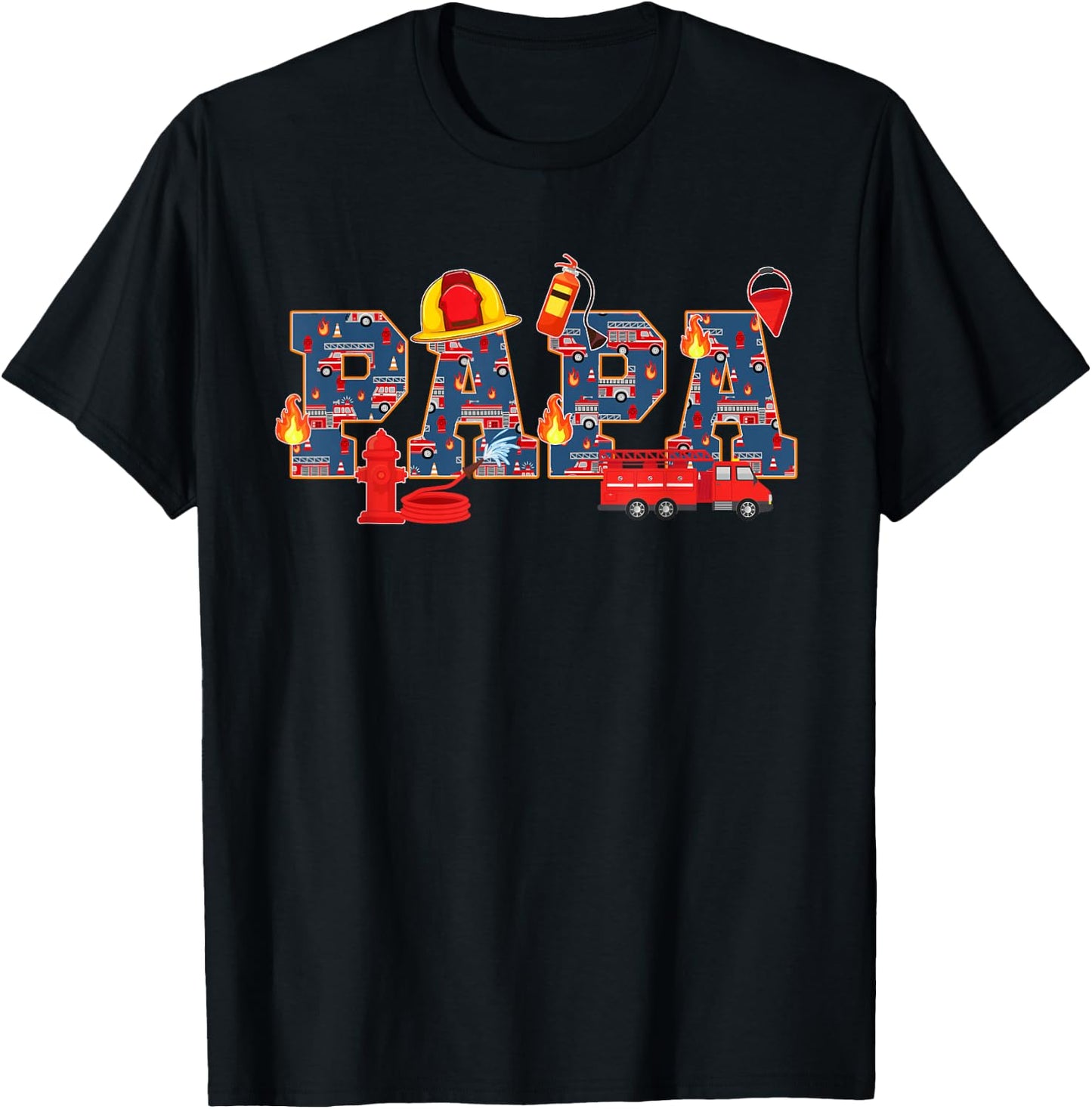 Papa Birthday Boy Fire Truck Firefighter Family Birthday T-Shirt - T-Shirt | Black