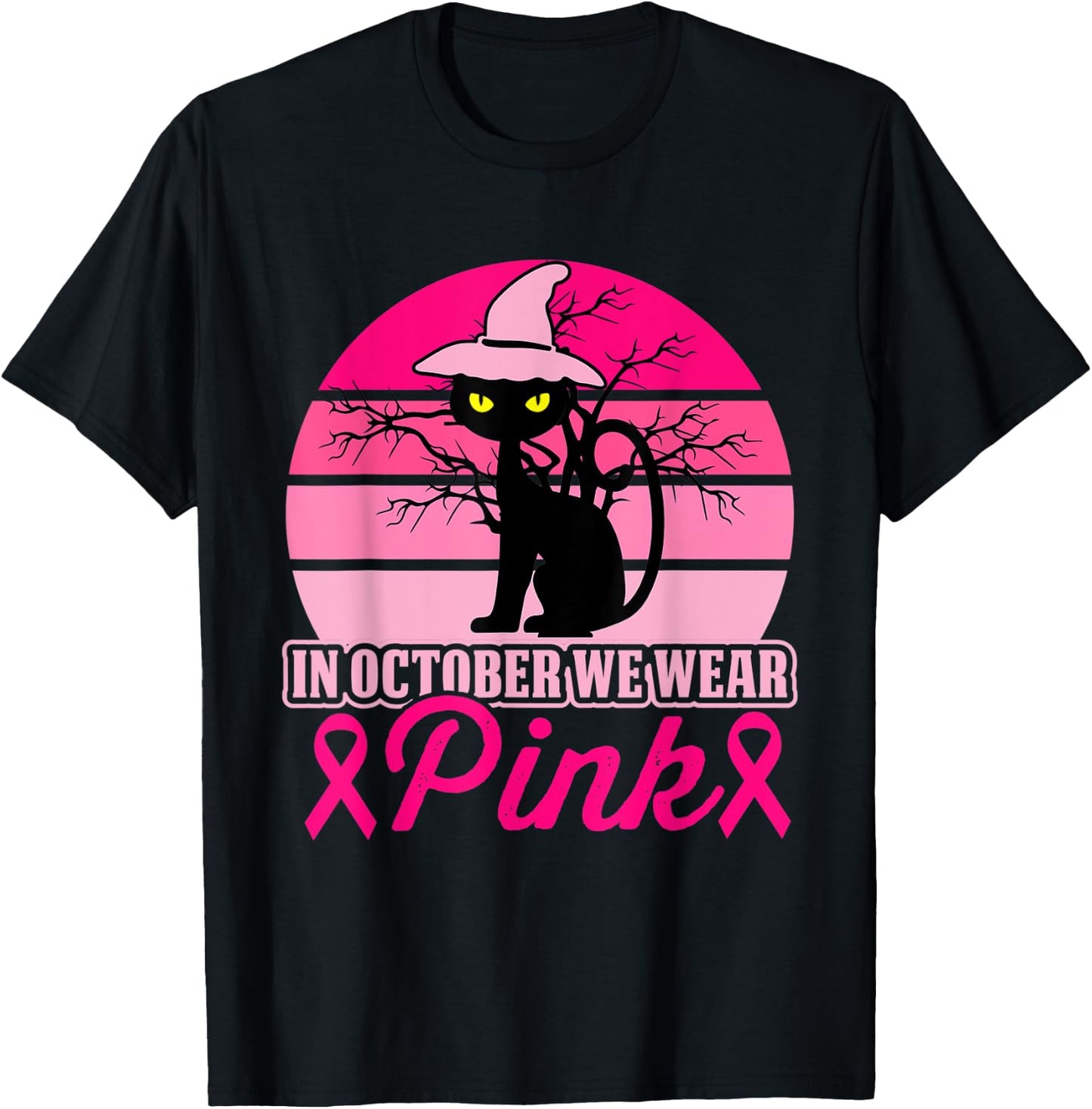 In October We Wear Pink Cat Breast Cancer Halloween T-Shirt - T-Shirt | Black
