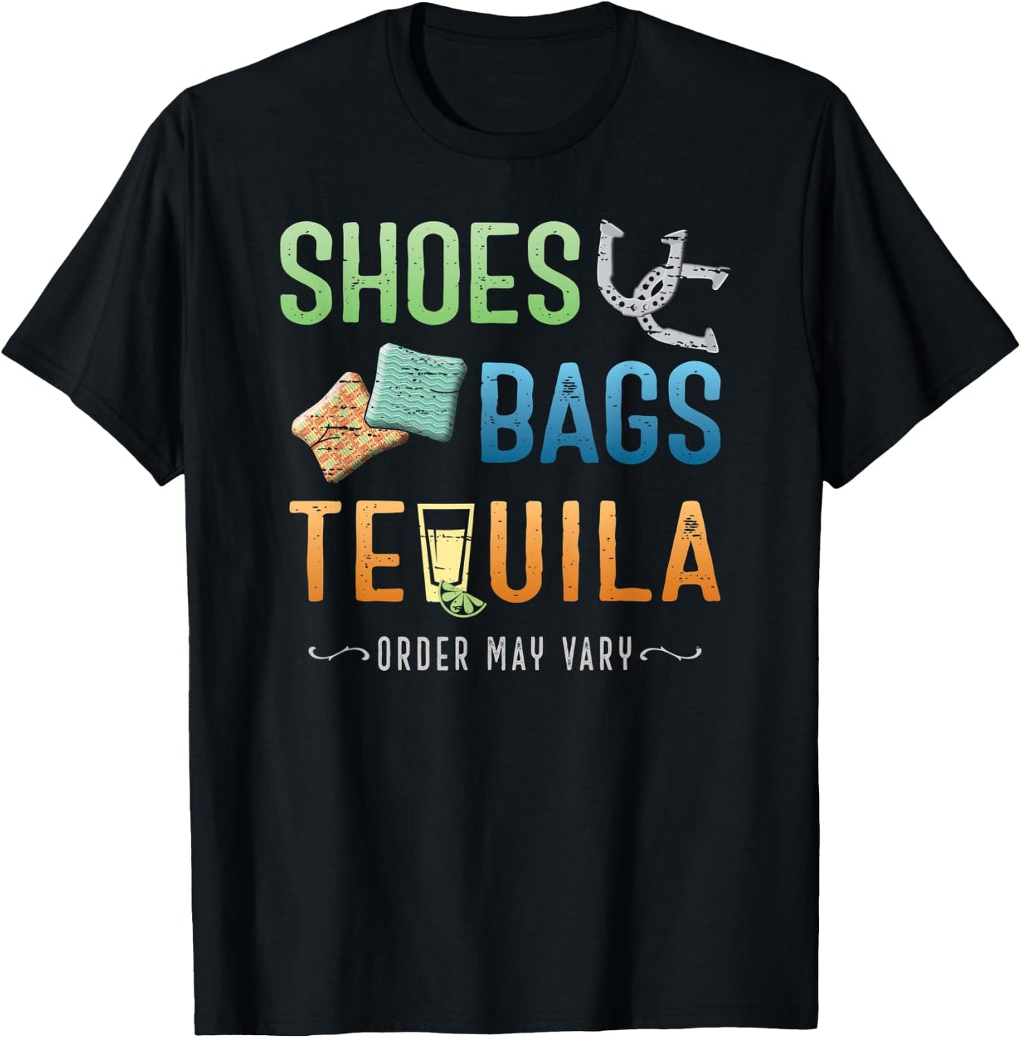 Playing Horseshoes, Tossing Cornhole Bags & Tequila T-Shirt - T-Shirt | Black