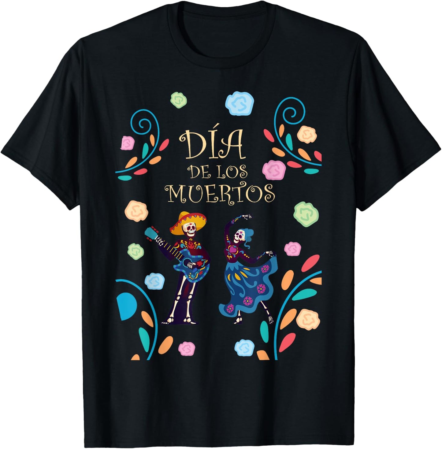 Dancing Skeleton Guitar Dia De Los Muertos Calavera Day Dead T-Shirt - T-Shirt | Black