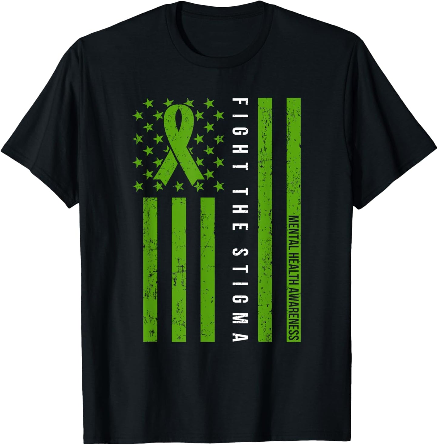Mental Health Awareness Shirt Green Ribbon Support USA Flag T-Shirt - T-Shirt | Black