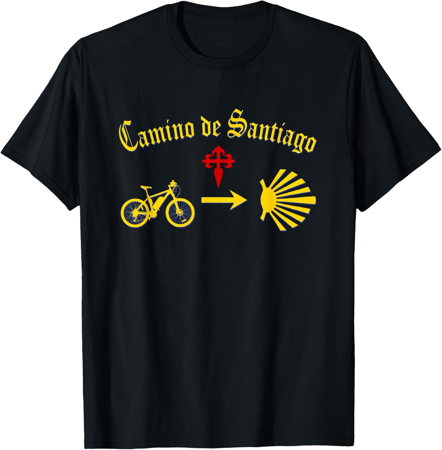 Camino de Santiago Mountain Bike Yellow Arrow Scallop Cross T-Shirt - T-Shirt | Black