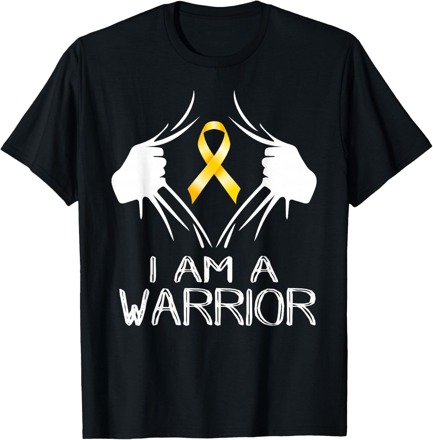 I Am A Warrior Childhood Cancer Awareness Gold Ribbon Gifts T-Shirt - T-Shirt | Black
