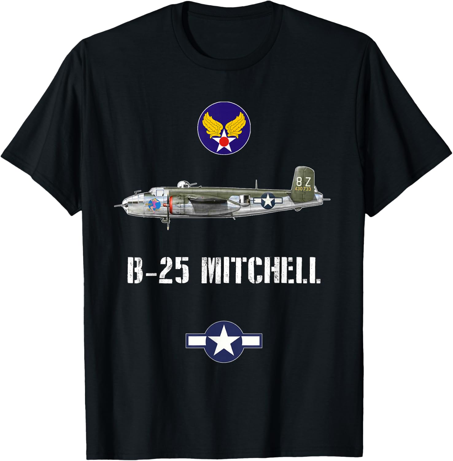 USAAF B-25 Mitchell With Girl Art WW2 Bomber Airplane Gift T-Shirt - T-Shirt | Black