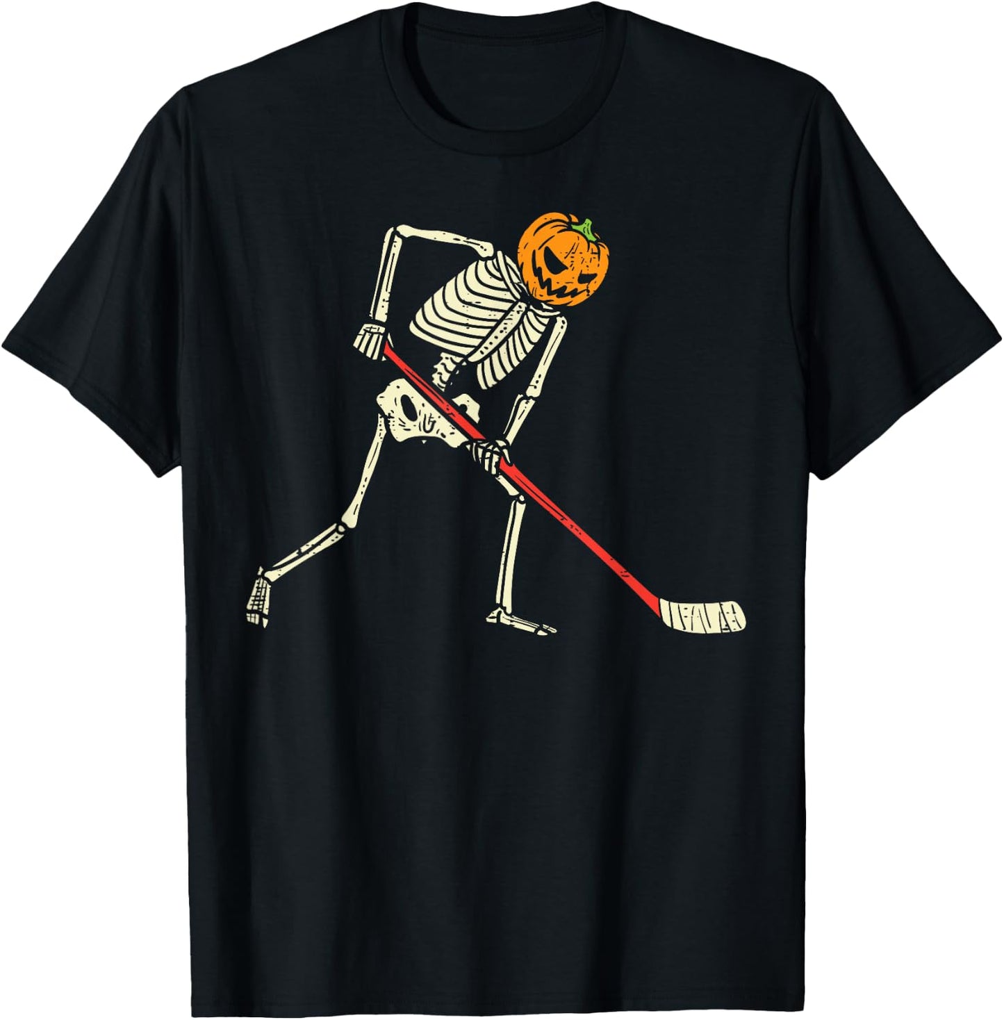 Pumpkin Skeleton Ice Hockey Funny Halloween Sports Player T-Shirt - T-Shirt | Black