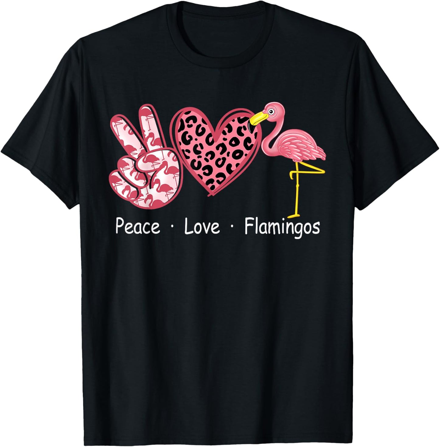 Peace Love Heart Pink Flamingos Cheetah Leopard Women Girl T-Shirt - T-Shirt | Black