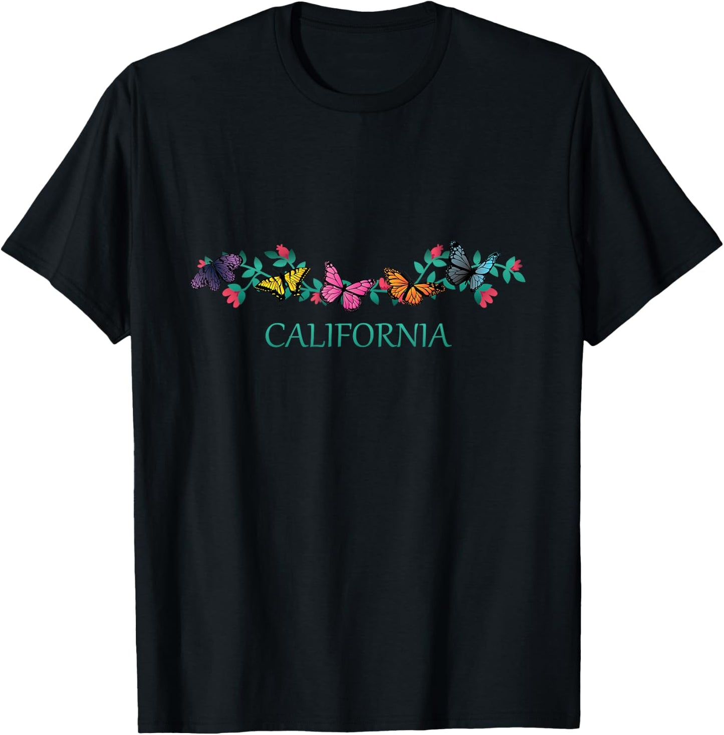 California State Souvenir Butterfly Flower Graphic T-Shirt - T-Shirt | Black