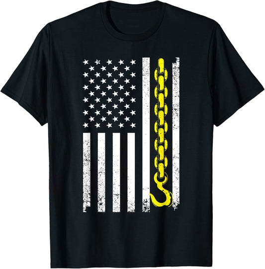 Funny Tow Truck Gift Men Women Cool US Flag Trucking Driver T-Shirt - T-Shirt | Black