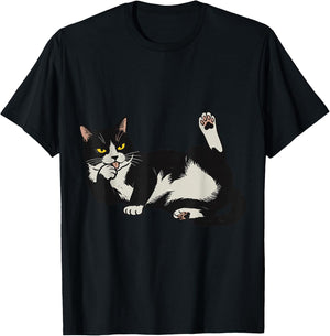 Funny Tuxedo Cat Licking Paw Cute Lazy Feline Graphic T-Shirt - T-Shirt | Black