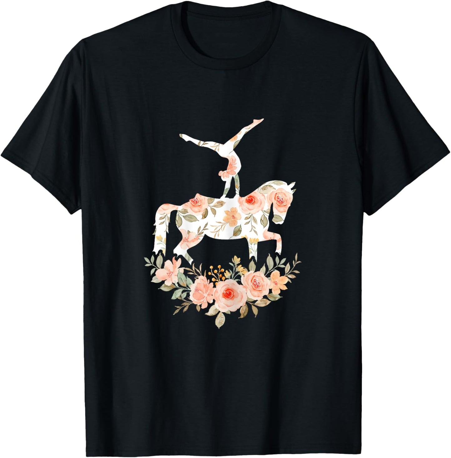 Floral Girl Vaulting Riding Equestrian Horse Girl Horseback T-Shirt - T-Shirt | Black