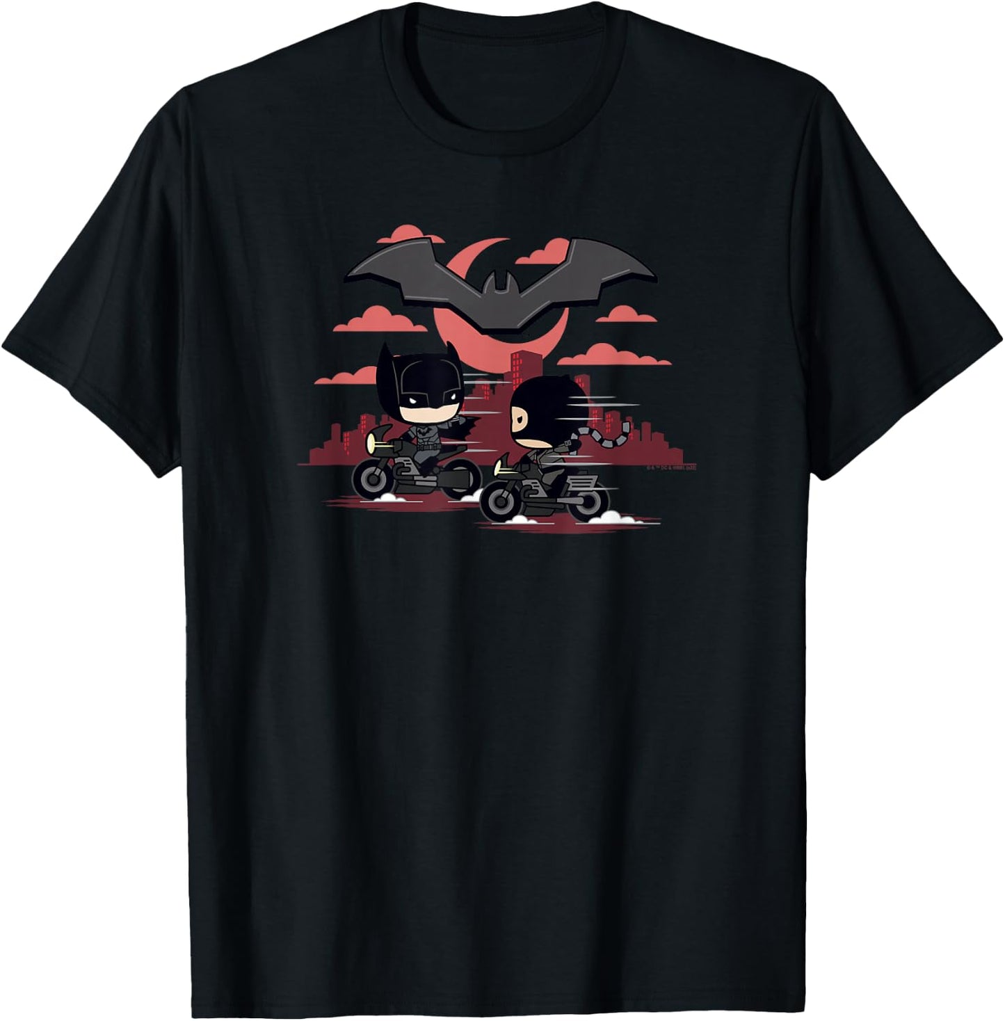 The Batman Catwoman And Batman Chibi Motorcycles Logo T-Shirt - T-Shirt | Black