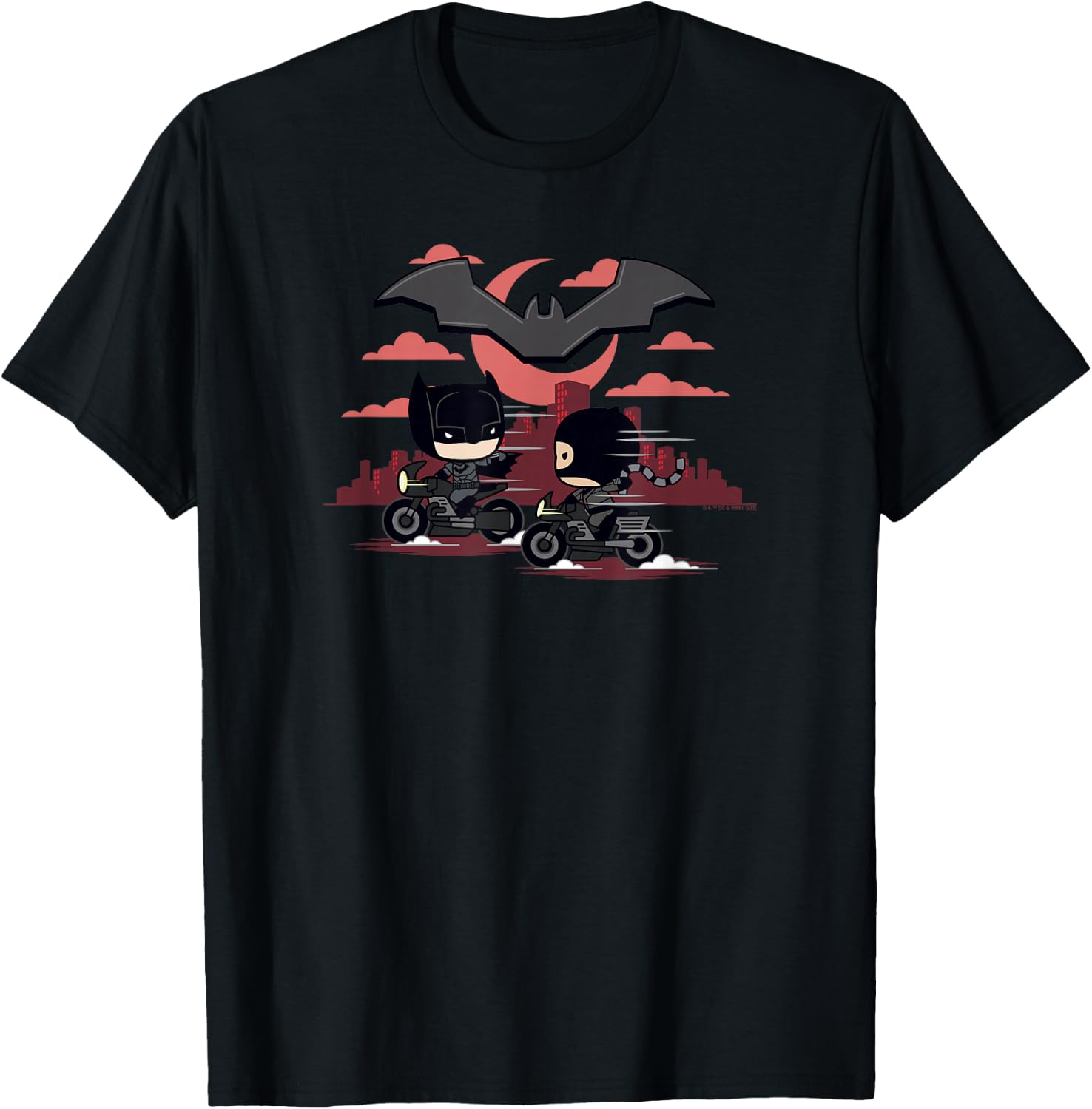 The Batman Catwoman And Batman Chibi Motorcycles Logo T-Shirt - T-Shirt | Black