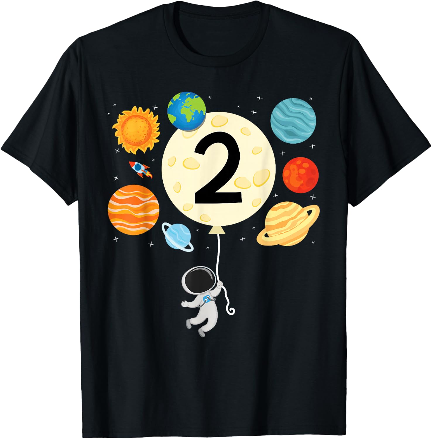 Boys 2nd Birthday Astronaut Balloon Planets Space 2 Year Old T-Shirt - T-Shirt | Black