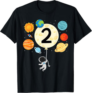 Boys 2nd Birthday Astronaut Balloon Planets Space 2 Year Old T-Shirt - T-Shirt | Black