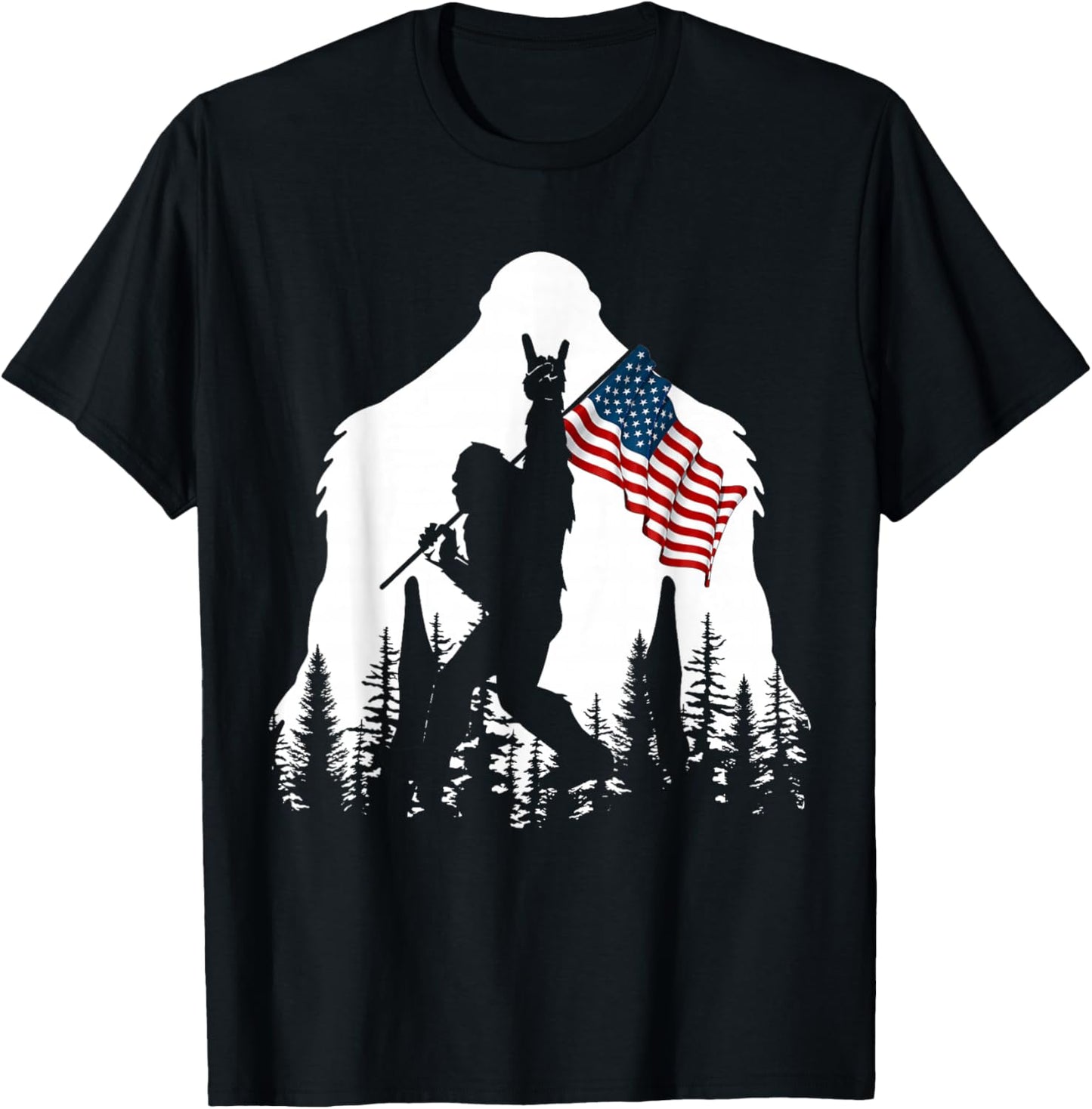 Bigfoot Rock On Hold American Flag Sasquatch Believers T-Shirt - T-Shirt | Black