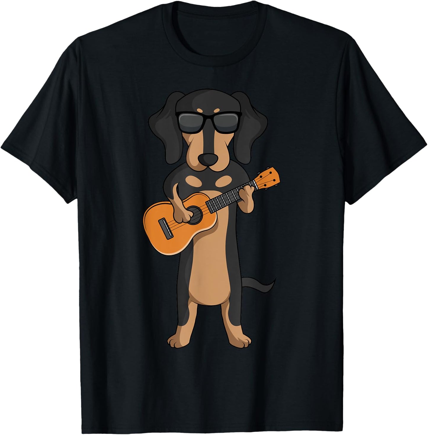Dachshund Dog Playing Ukulele Guitar Men Women Girls Kids T-Shirt - T-Shirt | Black