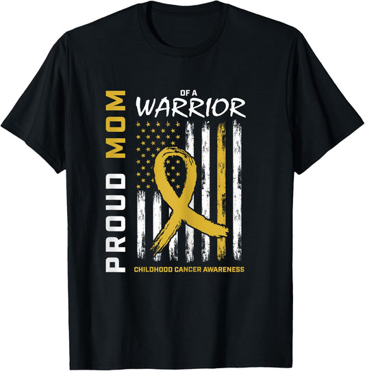 Gold Proud Mom of a Warrior Childhood Cancer Awareness Flag T-Shirt - T-Shirt | Black