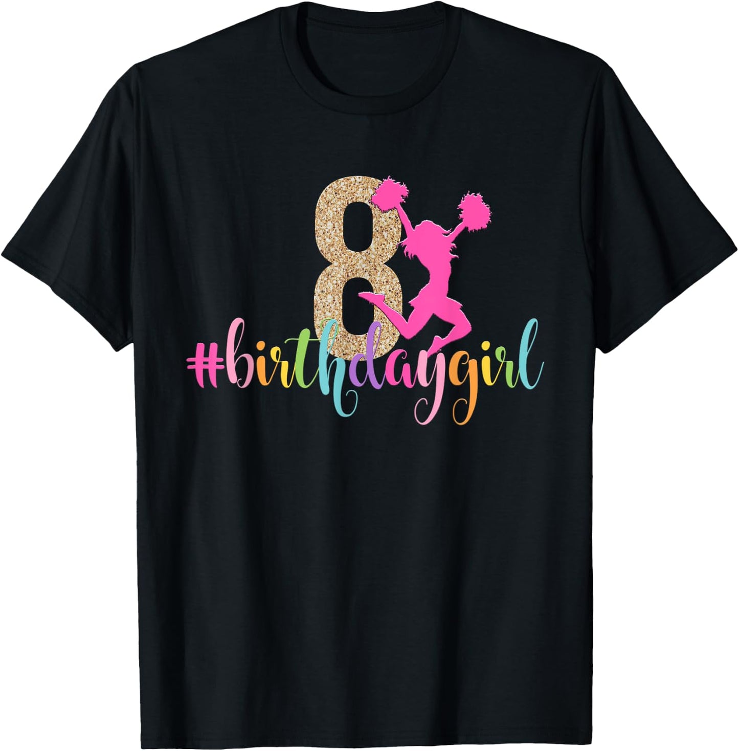 8th Birthday Girl Cheerleader Rainbow Cheerleading T-Shirt - T-Shirt | Black