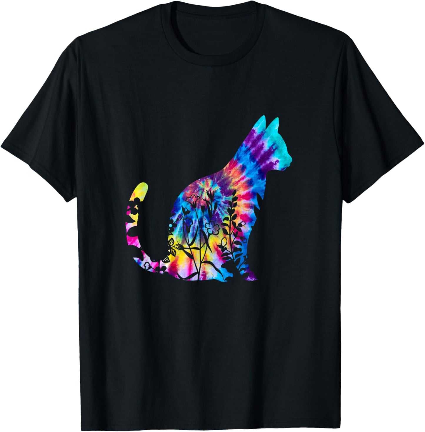 Cute Cat Tie Dye Cat Floral Cool Cat Lover T-Shirt - T-Shirt | Black