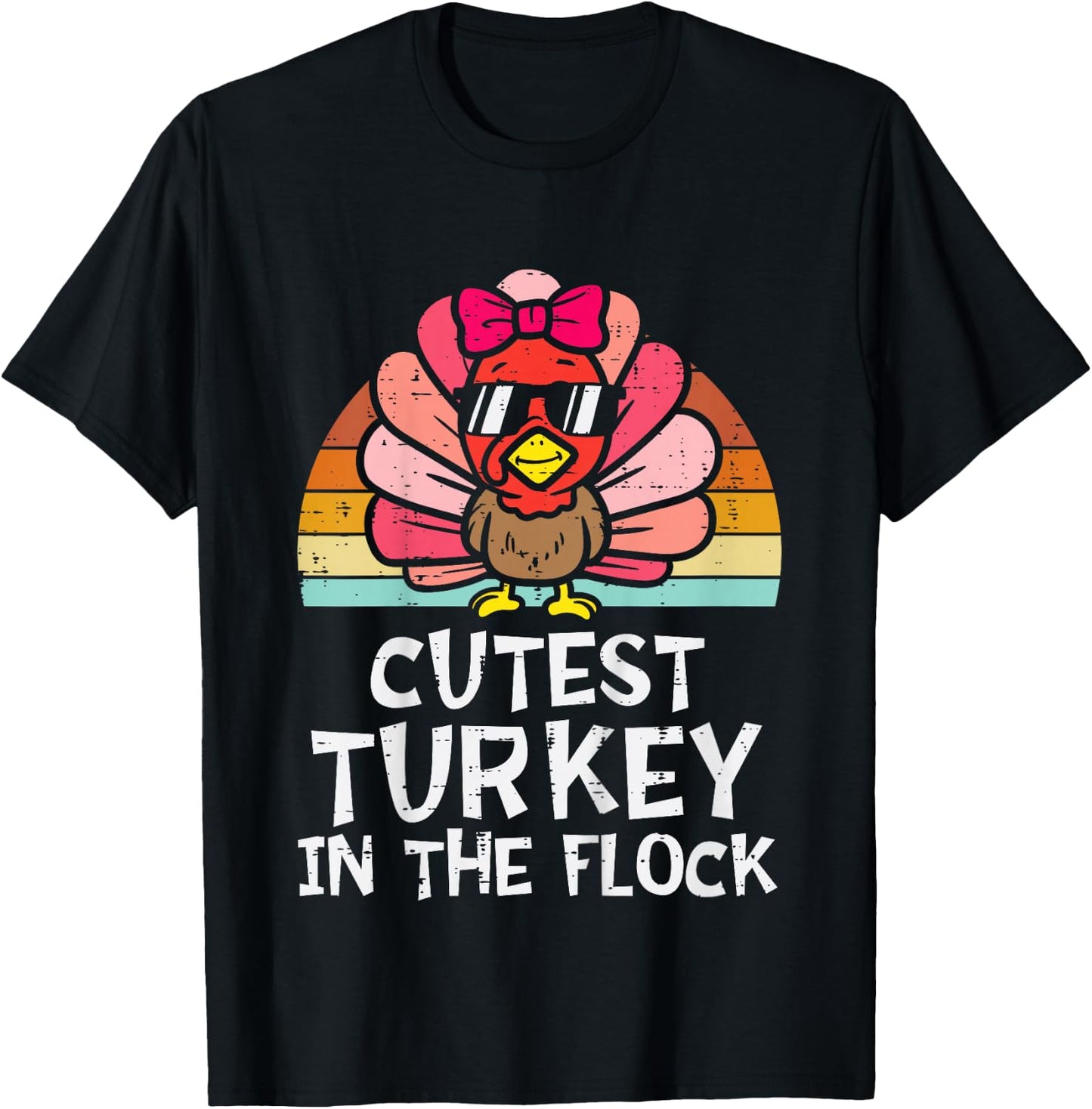 Cutest Turkey In The Flock Retro Toddler Girls Thanksgiving T-Shirt - T-Shirt | Black