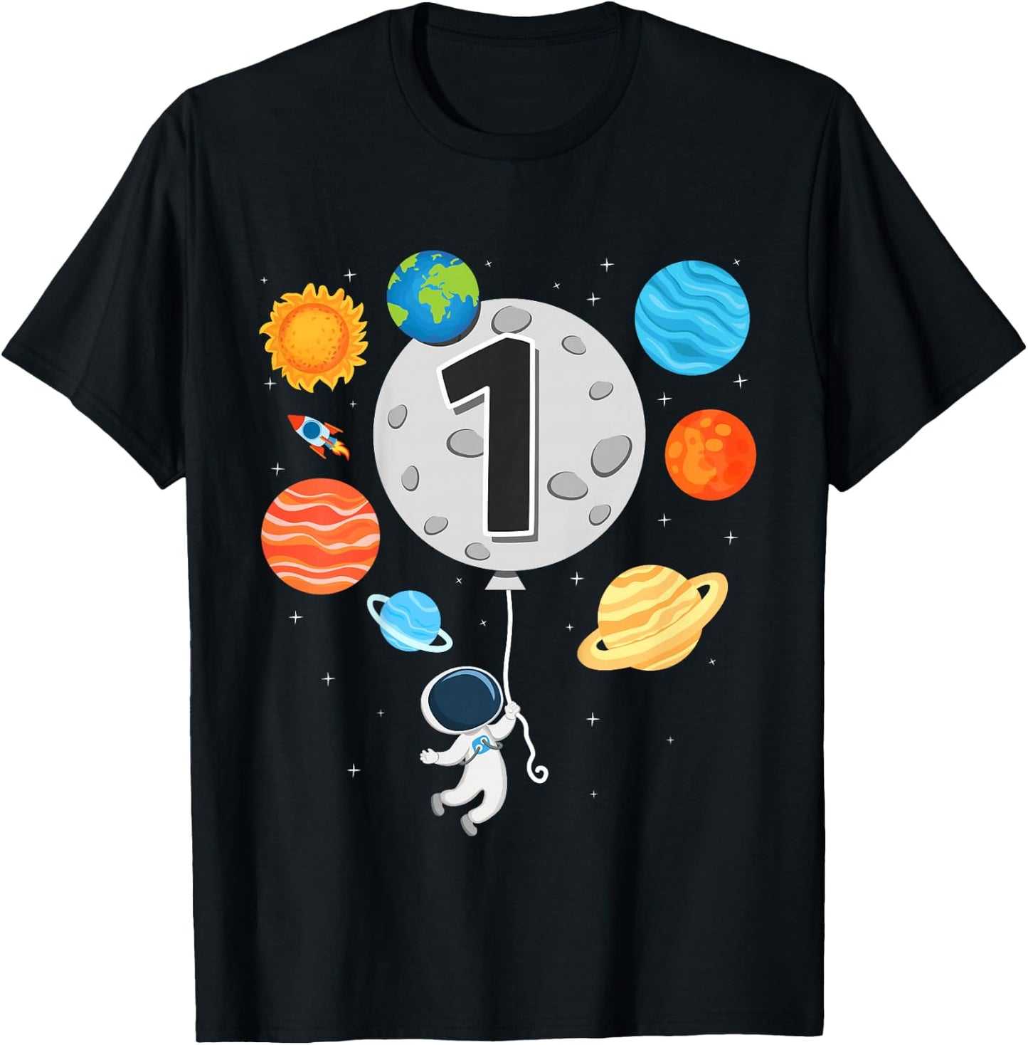 Kids 1st Birthday Astronaut Balloon Planet 1 Year Old Boy T-Shirt - T-Shirt | Black
