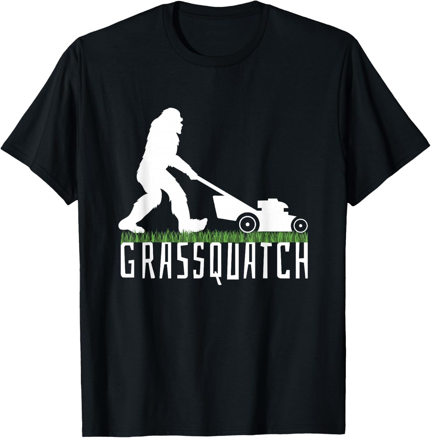 Funny Lawn Mowing Sasquatch Grassquatch Bigfoot Lawn Mower T-Shirt - T-Shirt | Black