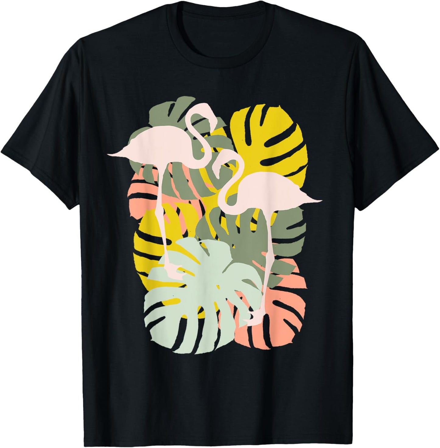 Monstera Leaves And Flamingo Art T-Shirt - T-Shirt | Black