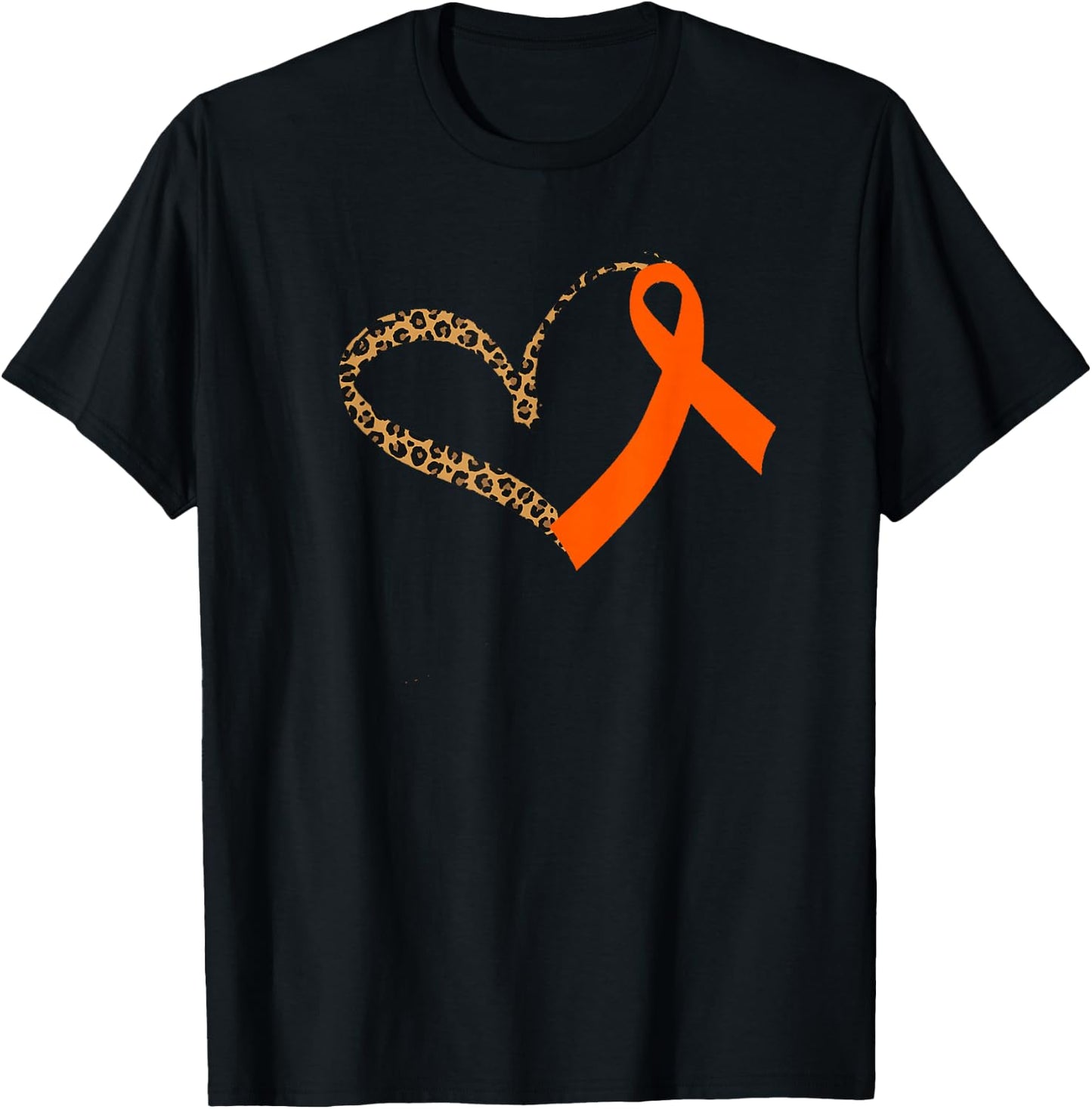 Leukemia Awareness Cancer Leopard Print Heart Orange Ribbon T-Shirt - T-Shirt | Black
