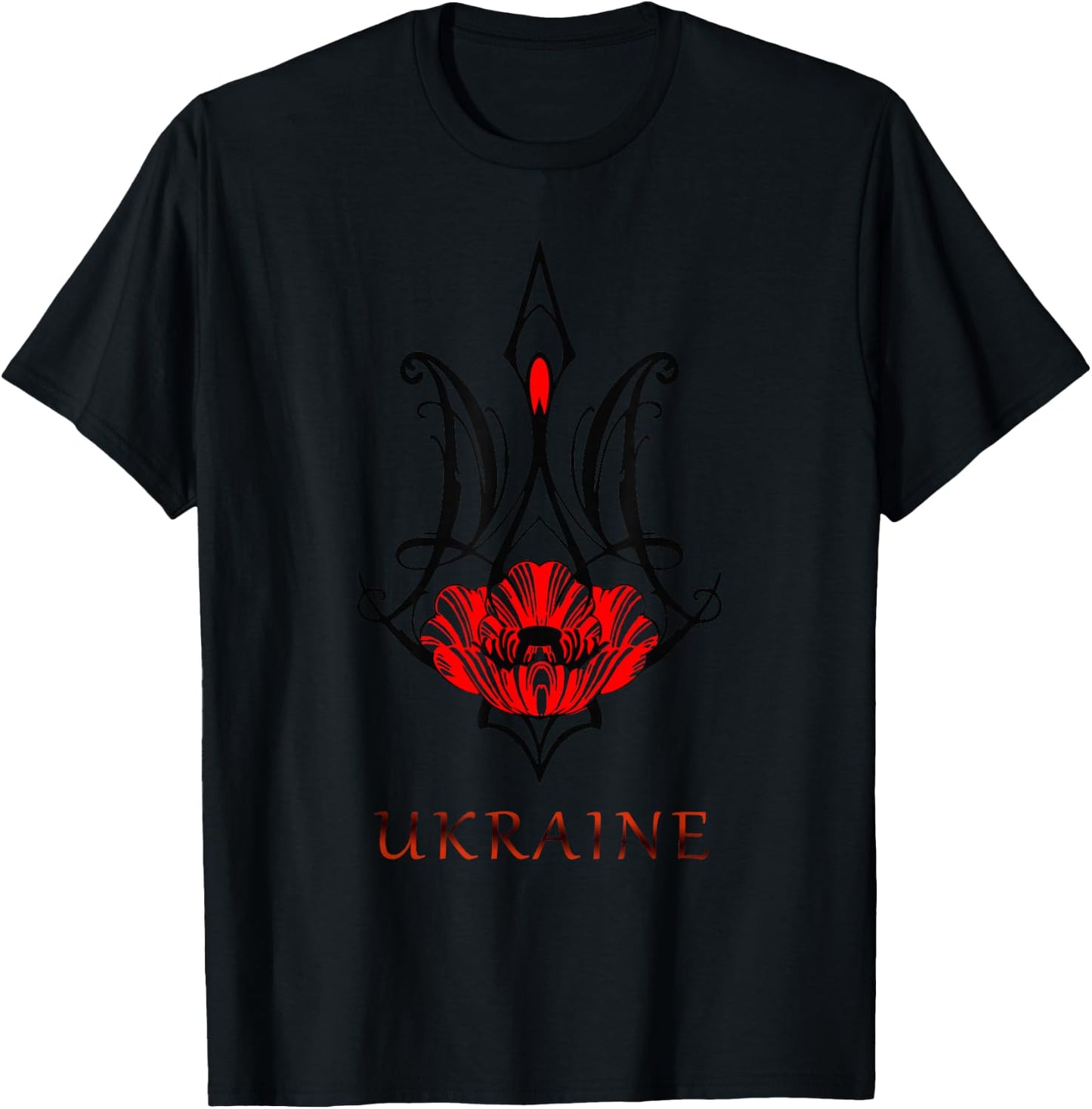 Ukraine Black Coat Arms with Poppy Trident Tryzub Ukrainian T-Shirt - T-Shirt | Black