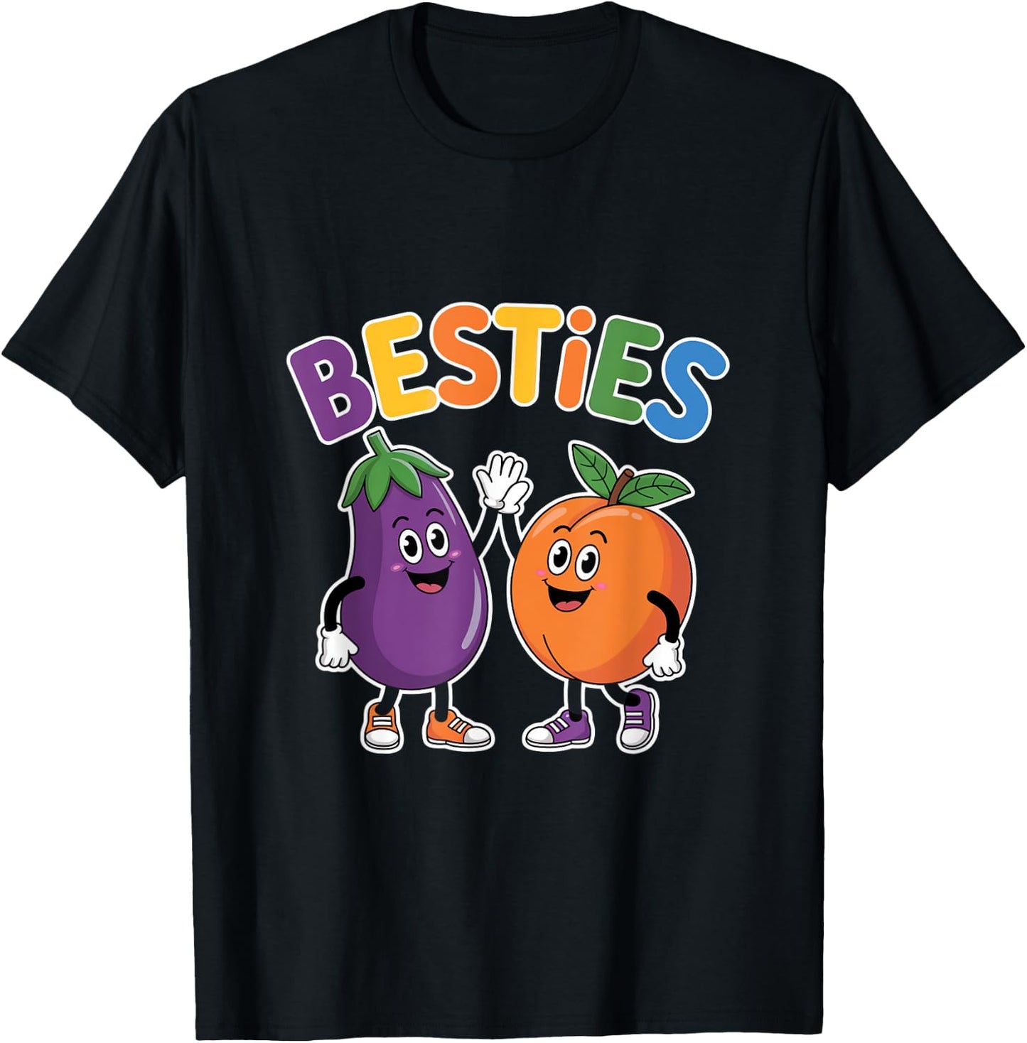 Besties Eggplant And Peach Cartoon T-Shirt - T-Shirt | Black