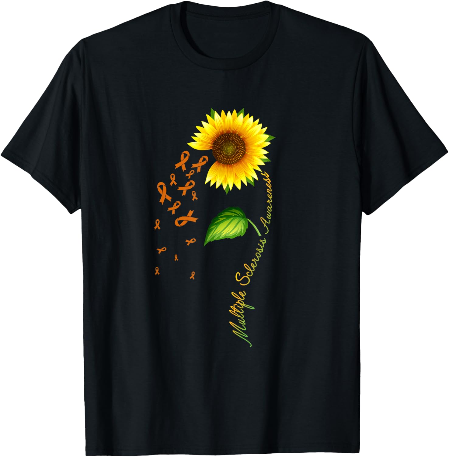 Multiple Sclerosis Awareness Sunflower Orange Ribbon T-Shirt - T-Shirt | Black