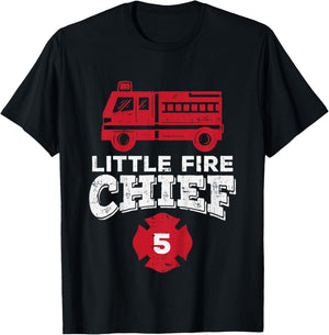 Kids Little Fire Chief 5 Truck 5th Birthday Firefighter Boys Gift T-Shirt - T-Shirt | Black