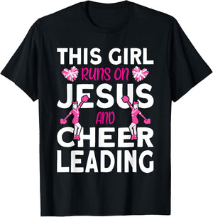 Cheer Girl This Girl Runs on Jesus and Cheerleading T-Shirt - T-Shirt | Black