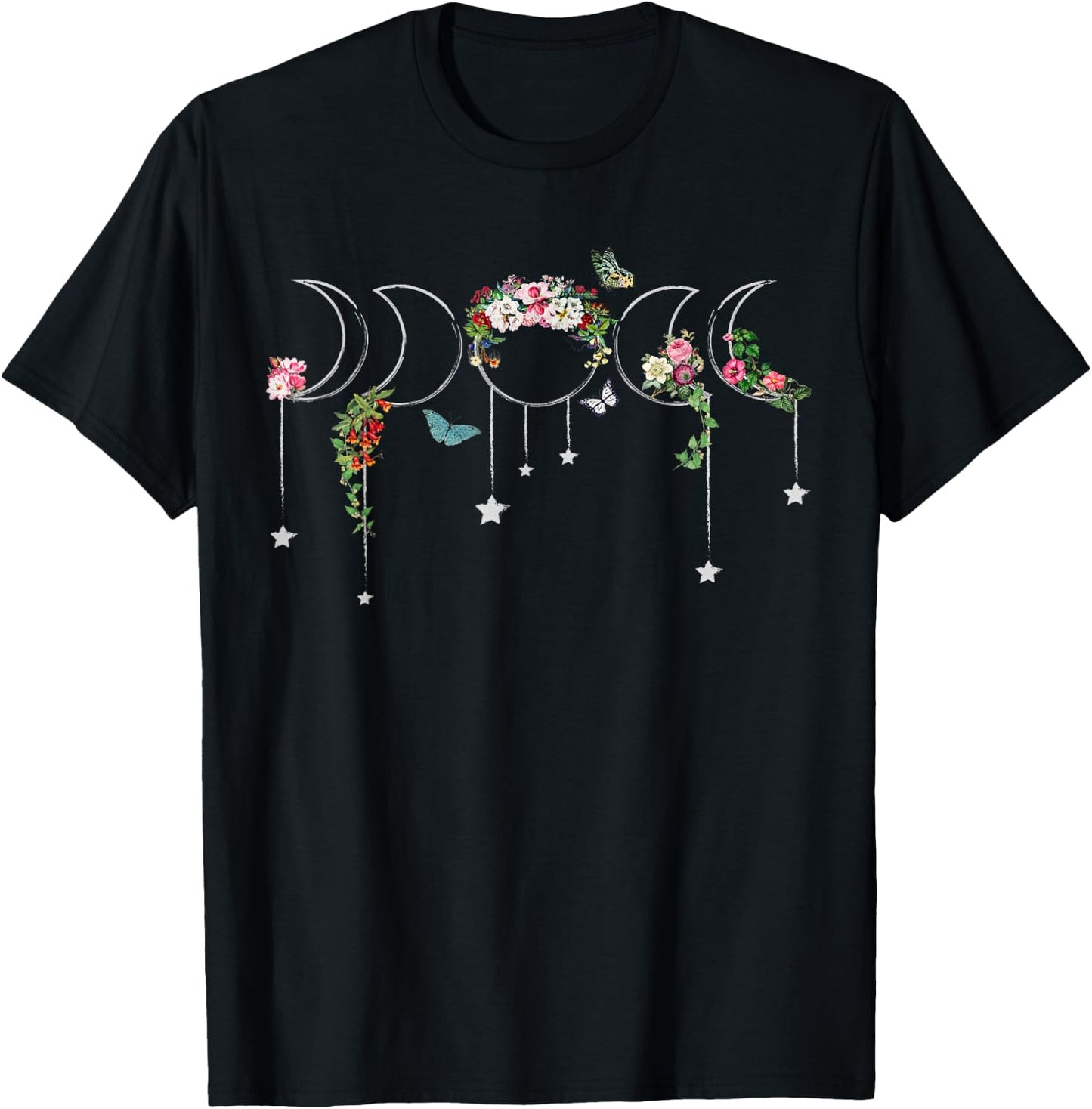 Witchcore Aesthetic Floral Moonphase and Butterflies T-Shirt - T-Shirt | Black