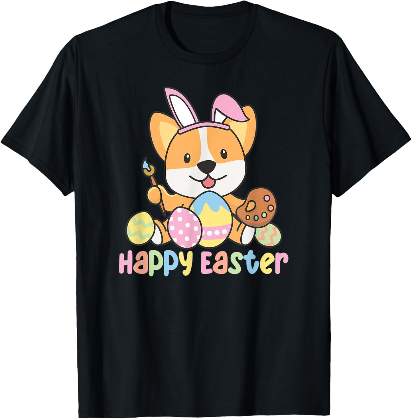 Happy Easter Cute Corgi At Easter With Easter Eggs T-Shirt - T-Shirt | Black
