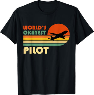 World's Okayest Pilot - Funny Retro Vintage Sunset Airplane T-Shirt - T-Shirt | Black