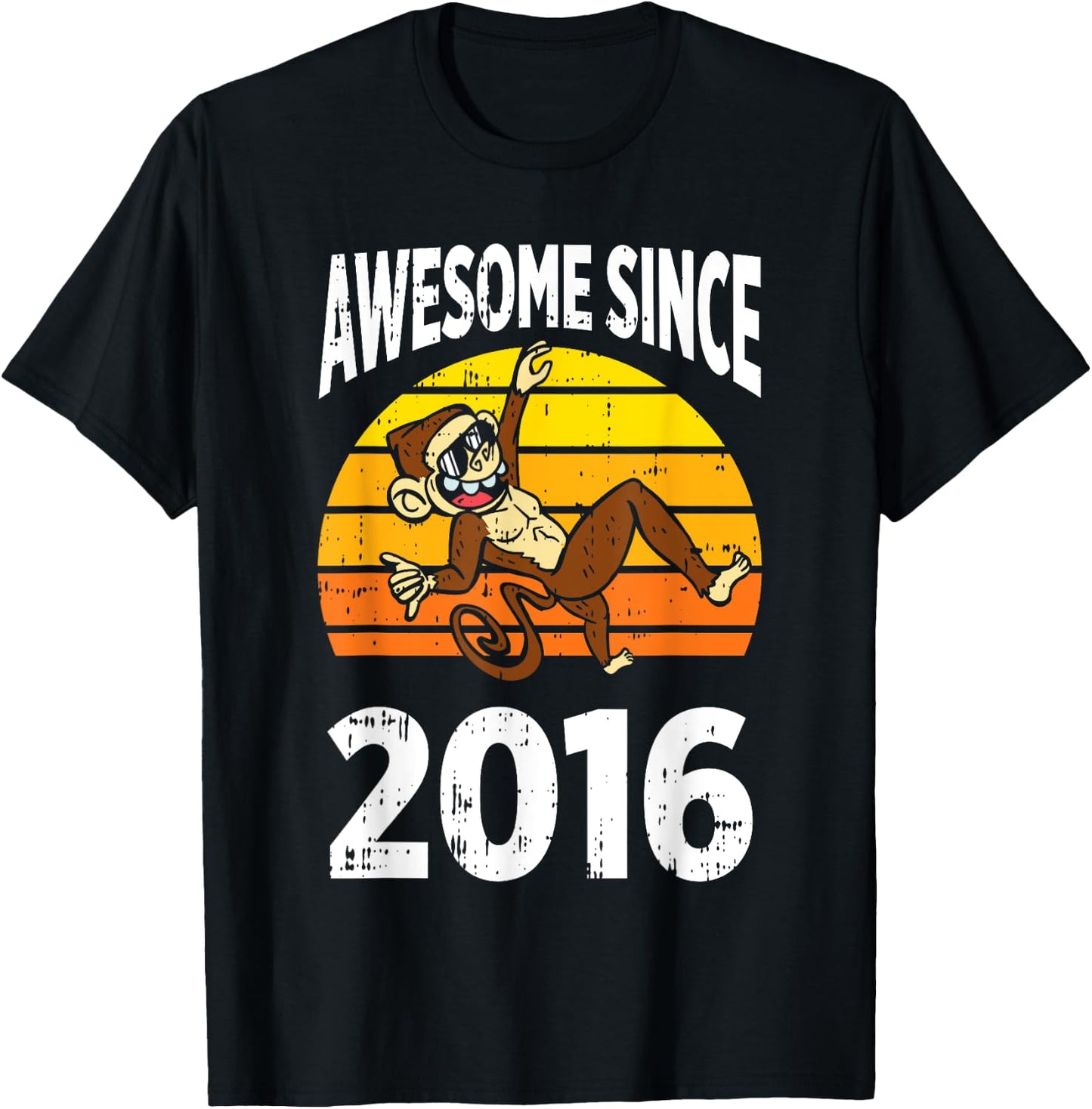Monkey Awesome Since 2016 7th Birthday 7 Years Old T-Shirt - T-Shirt | Black